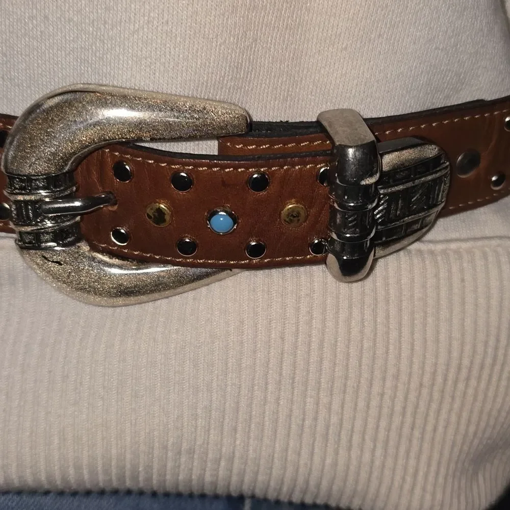 Western Studded Brown Leather Belt with Silver Buckle,34' Inch NWOT!